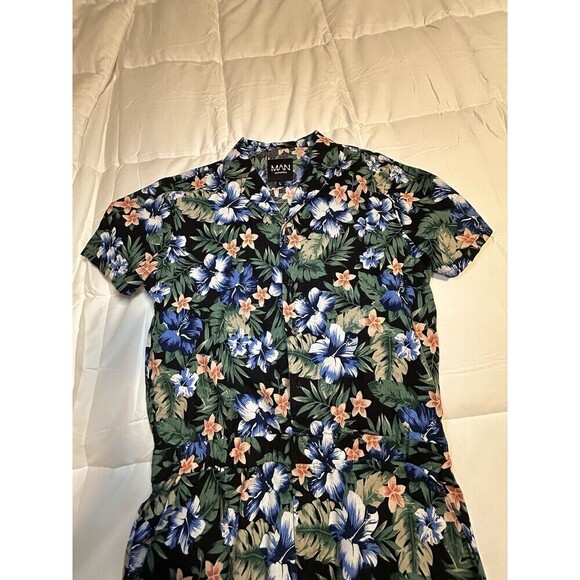 BoohooMAN Floral Print Revere Collar Short Jumpsuit Men’s Large - Picture 4 of 11